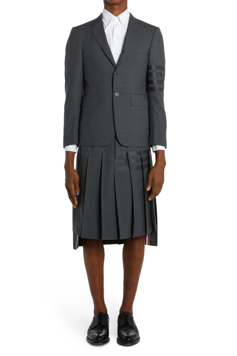 4-Bar Pleated Back Strap High-Low Wool Skirt, Alternate, color, DARK GREY