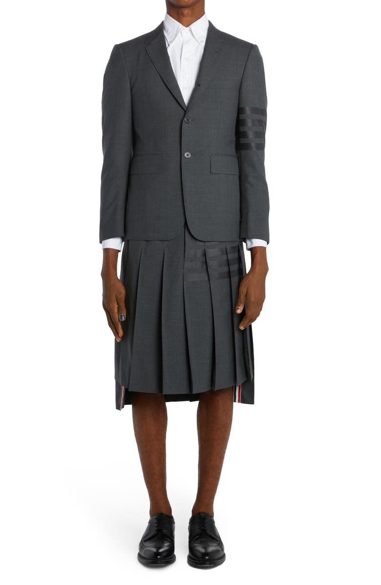 Thom Browne 4-Bar Pleated Back Strap High-Low Wool Skirt, Alternate, color, 