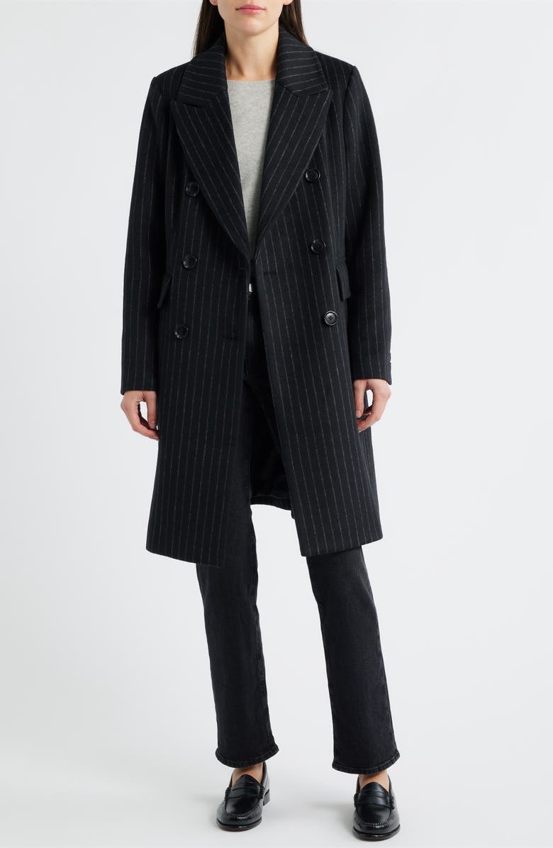 London Fog Heritage Pinstripe Double Breasted Coat, Alternate, color, Black Pinstripe