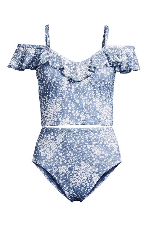 Lands' End Pique Ruffle Tankini Top And High Waisted Bottom Swimsuit Set In Dusk Sky Meadow Ditsy Floral