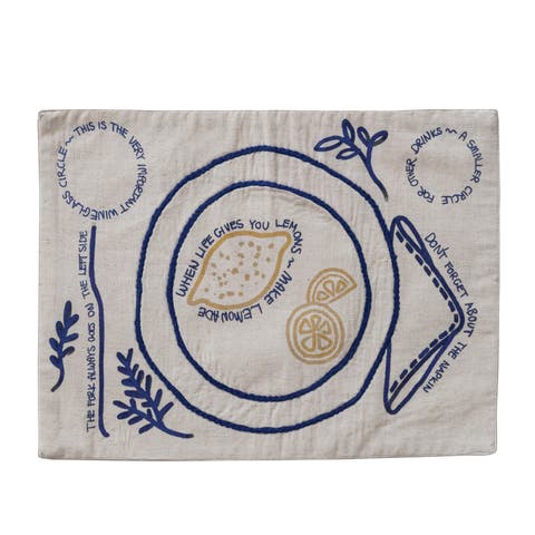 Woven Cotton and Linen Embroidered Placemat with Fruit, Leaves and Saying, Natural and Blue
