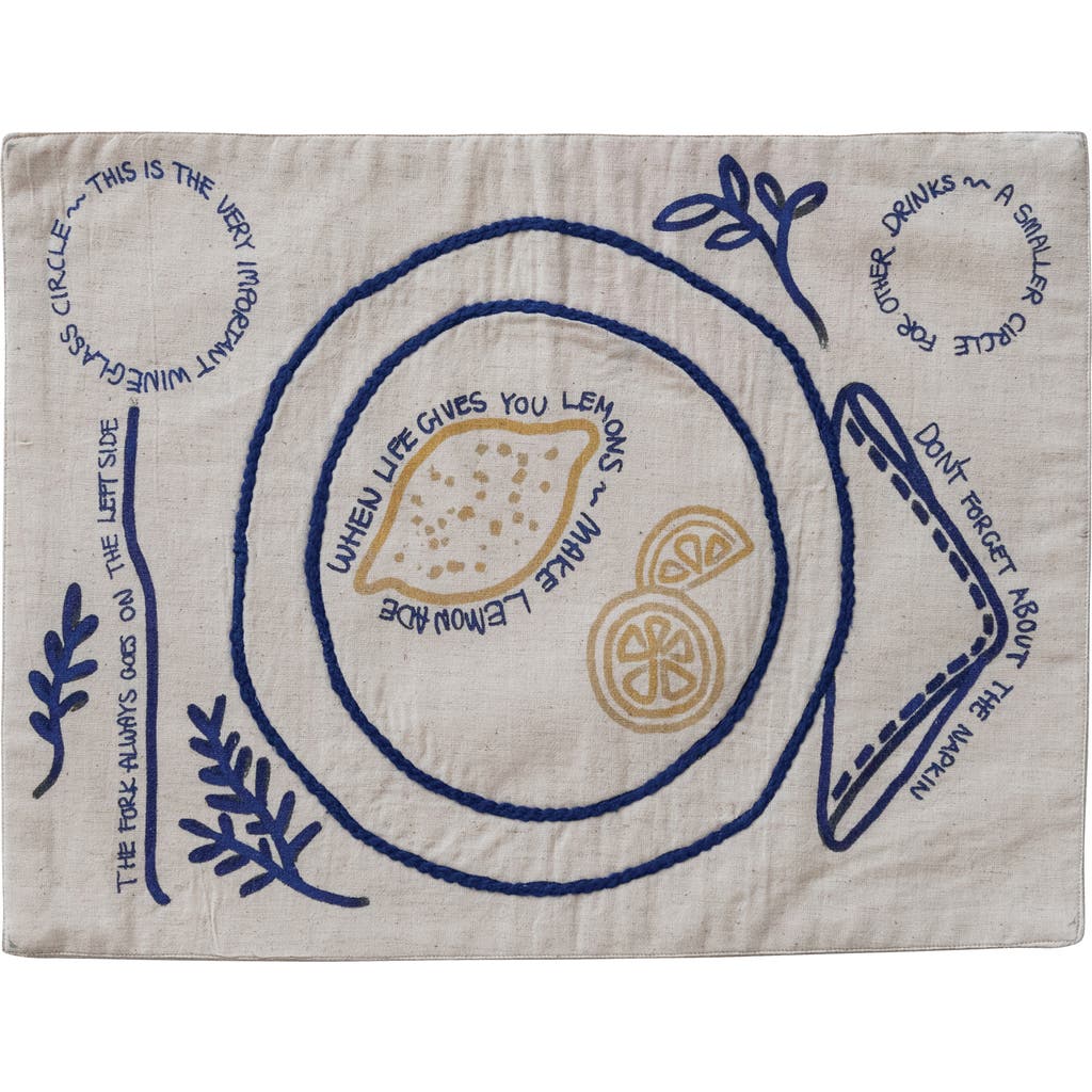 Storied Home Woven Cotton And Linen Embroidered Placemat With Fruit, Leaves And Saying, Natural And In Blue