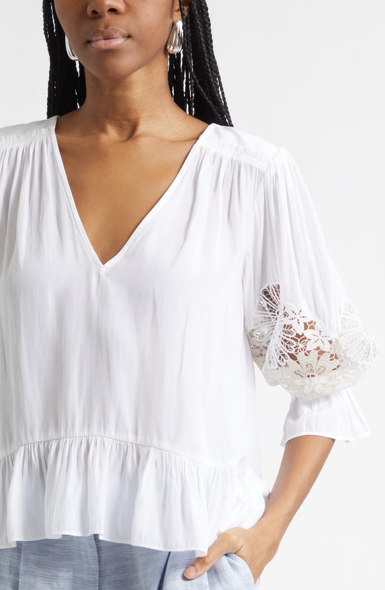 Ramy Brook Berry Lace Inset Puff Sleeve Peplum Top, Alternate, color, Ivory