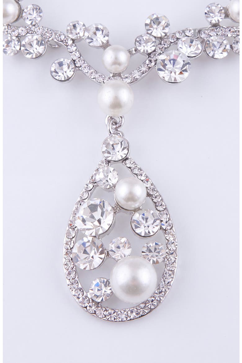 Pearl and Crystal Teardrop Necklace and Earrings Set, Alternate, color, Silver