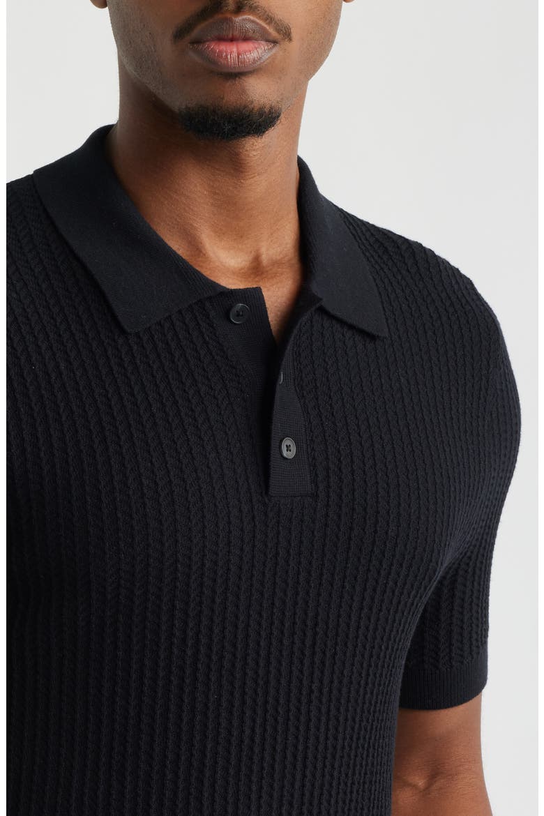 Textured Short Sleeve Polo Sweater, Alternate, color, BLACK