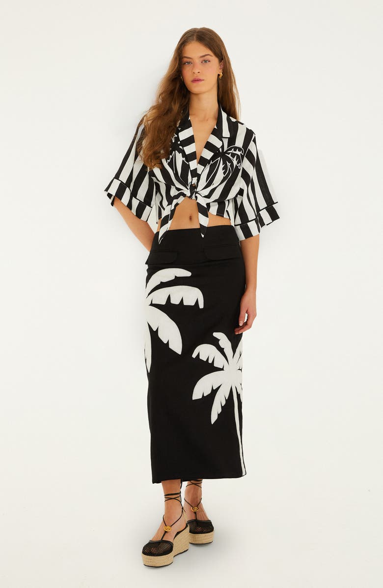 FARM Rio Palm Tree Embroidered Linen Maxi Skirt, Alternate, color, Black
