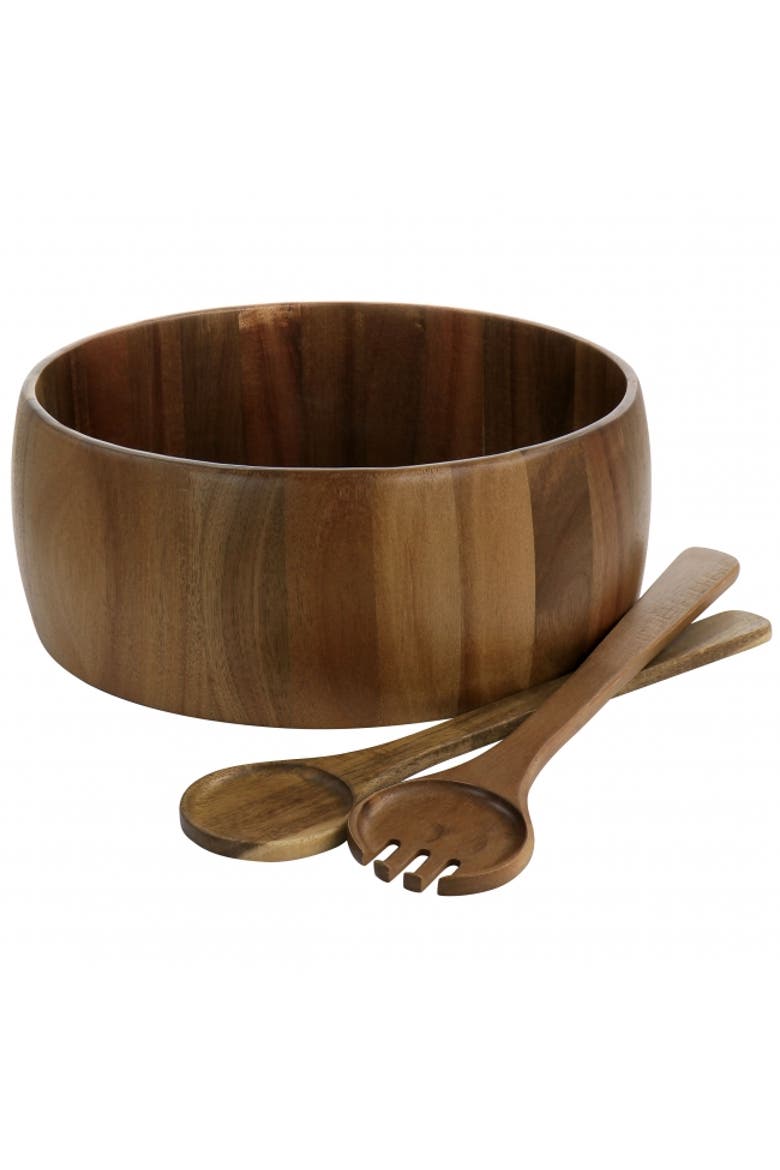 3 Piece Acacia Wood Salad Bowl and Spoon Set, Main, color, Brown