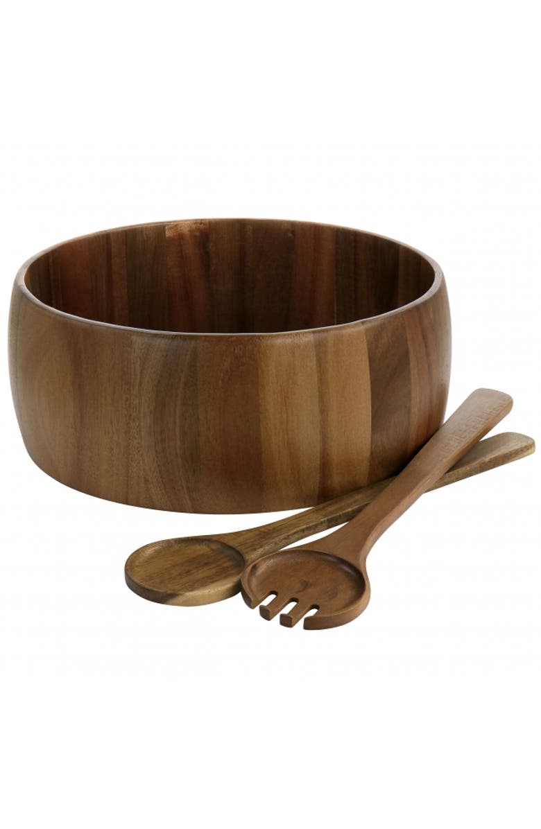 Gibson Elite 3 Piece Acacia Wood Salad Bowl and Spoon Set, Main, color, Brown