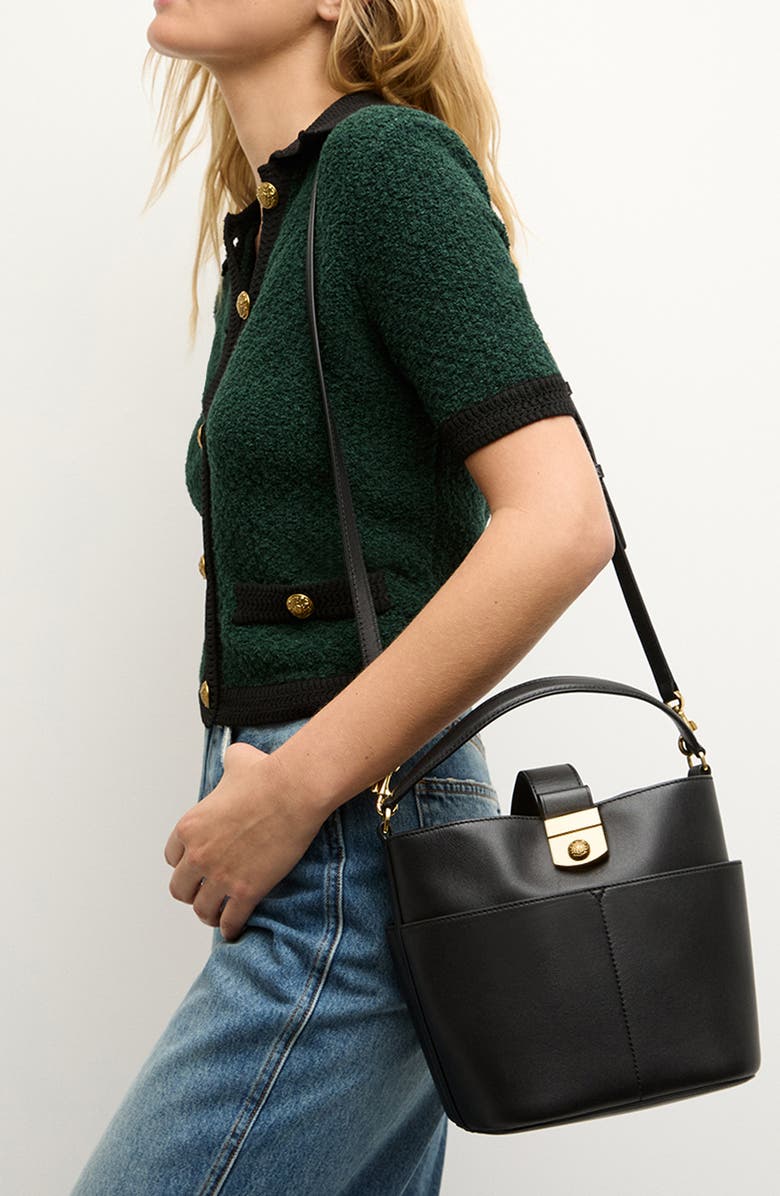Veronica Beard Small Crest Lock Leather Bucket Bag, Alternate, color, Black