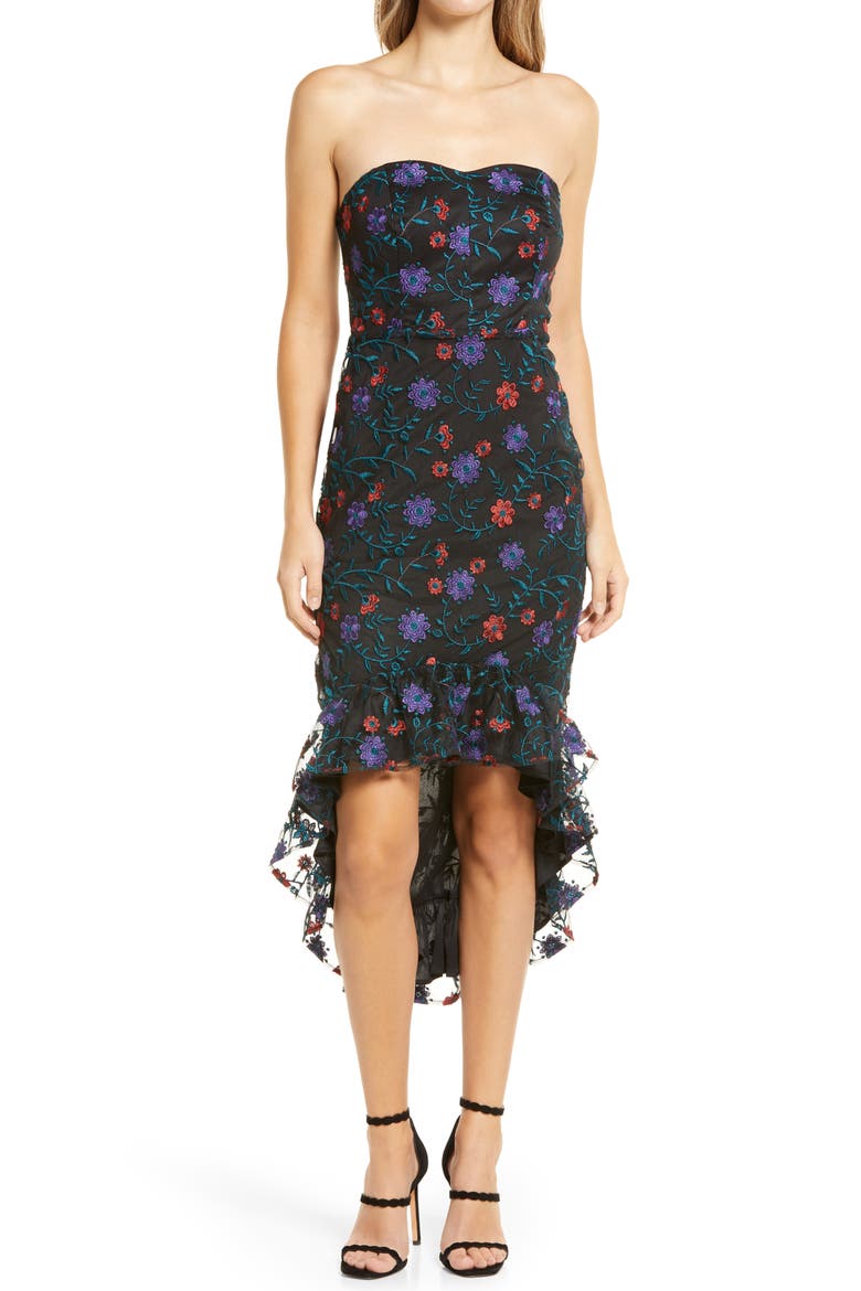 Floral Embroidered High-Low Strapless Dress, Main, color, PURPLE MULTI
