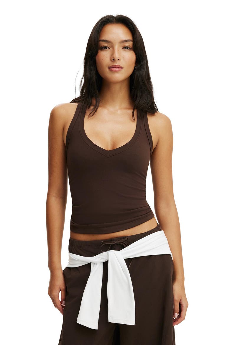 Women's Active Ultra Soft Plunge Front Racer Tank, Main, color, French Roast