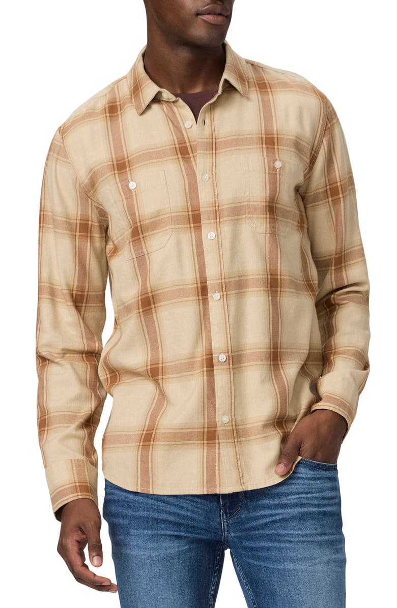 PAIGE Everett Plaid Flannel Button-Up Shirt, Main, color, Almond Dune