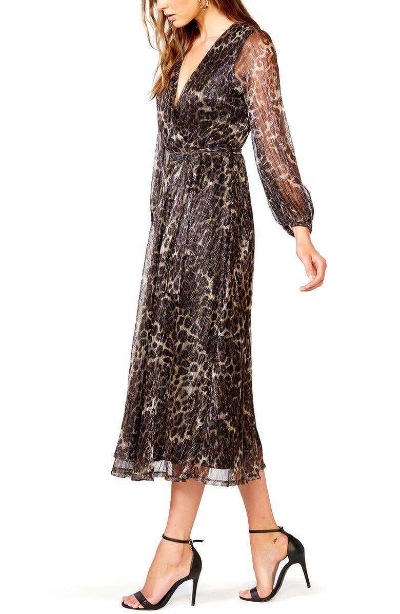 Bardot Metallic Stripe Leopard Plissé Midi Dress, Alternate, color, 