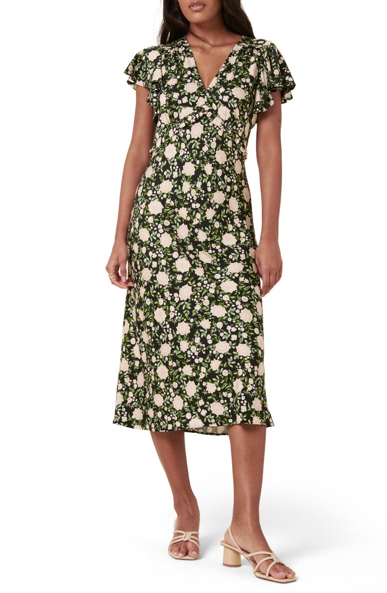 Nobody's Child Martha Flora Flutter Sleeve Midi Dress, Main, color, Black