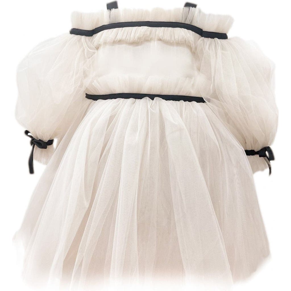 Petite Maison Girls' Coco Caramel Tulle Dress With Sheer Puff Tulle Sleeves - Baby, Little Kid, Big Kid In Beige And Black