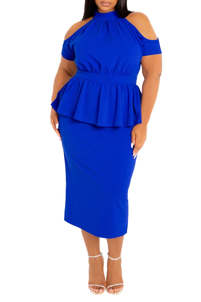 Cold Shoulder Peplum Midi Dress, Main, color, ROYAL BLUE