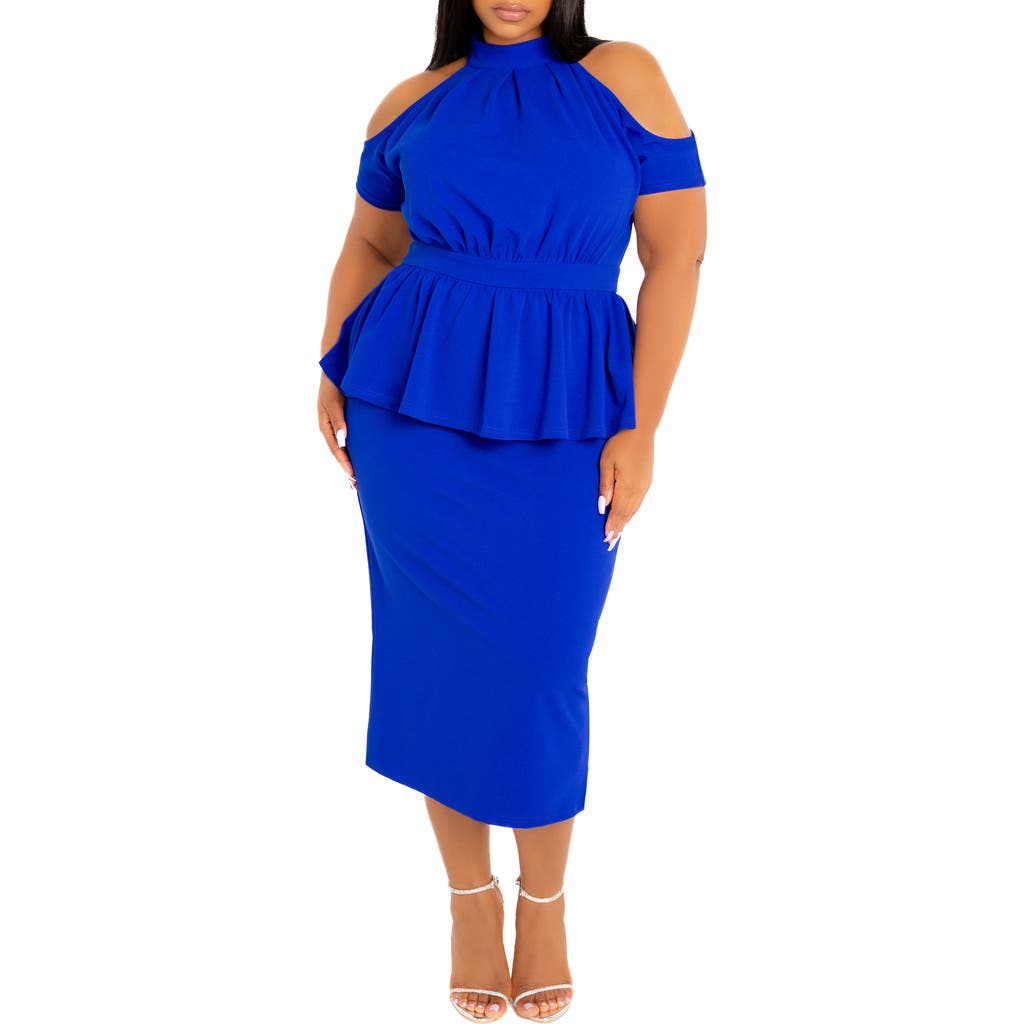 Shop Buxom Couture Cold Shoulder Peplum Midi Dress In Royal Blue