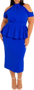 BUXOM COUTURE Cold Shoulder Peplum Midi Dress