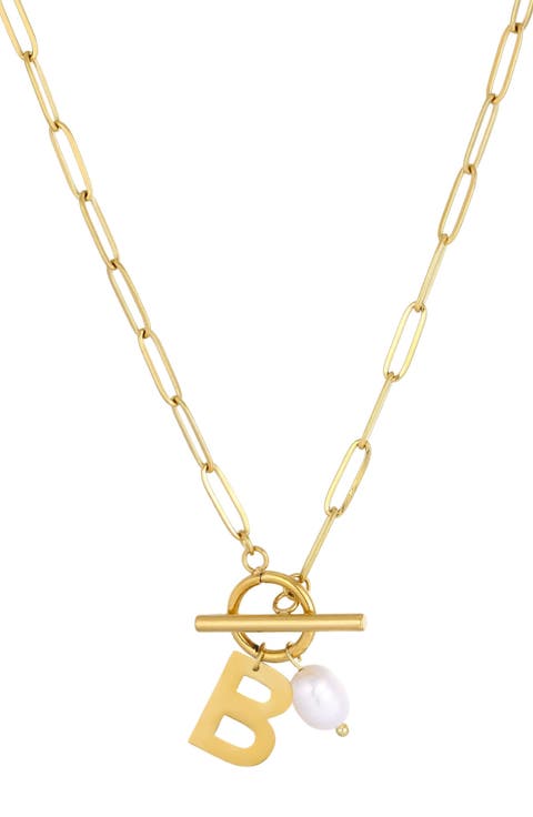 18K Gold Plated Pearl & Initial Toggle Pendant Necklace