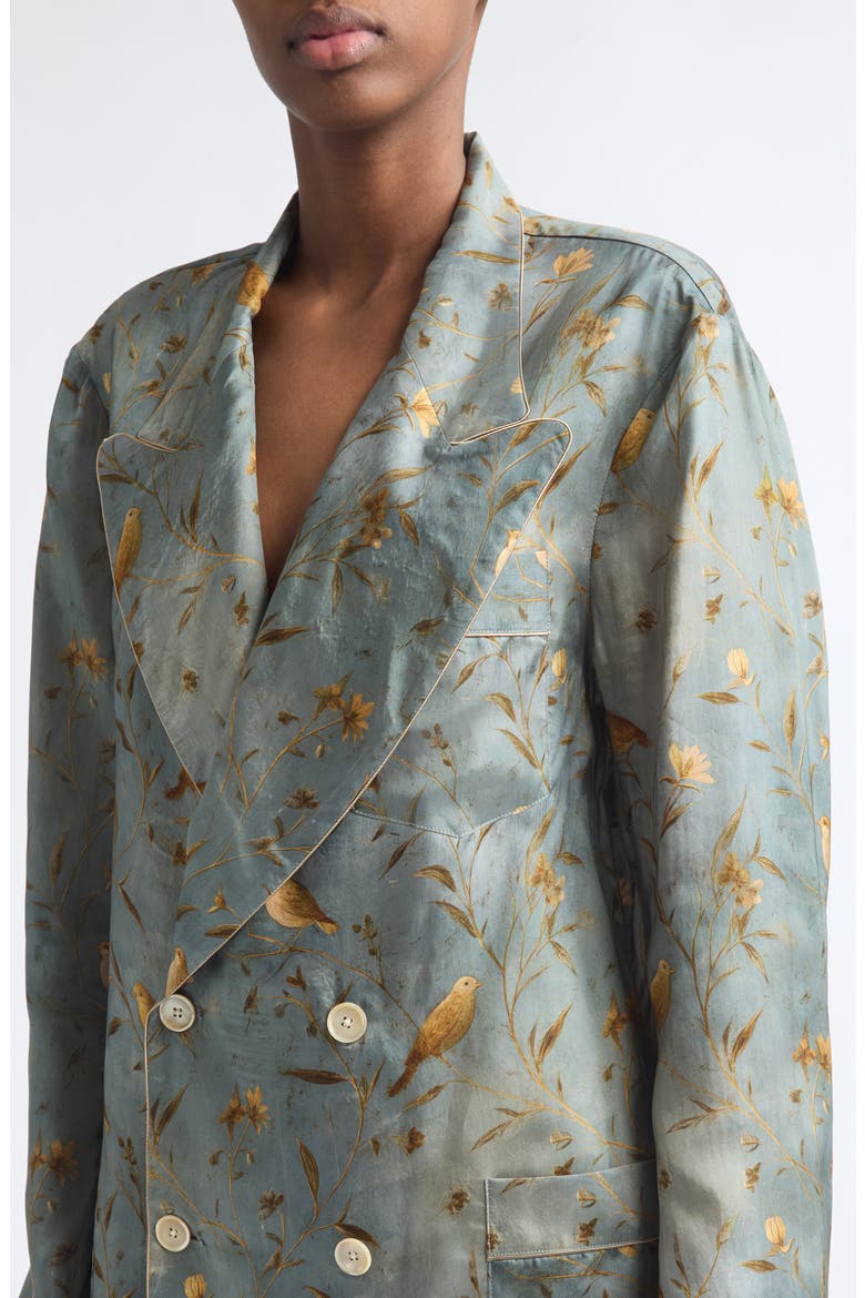 Ragged Oversize Doubled Breasted Satin Blazer, Alternate, color, GOLD BIRD ON BLUE