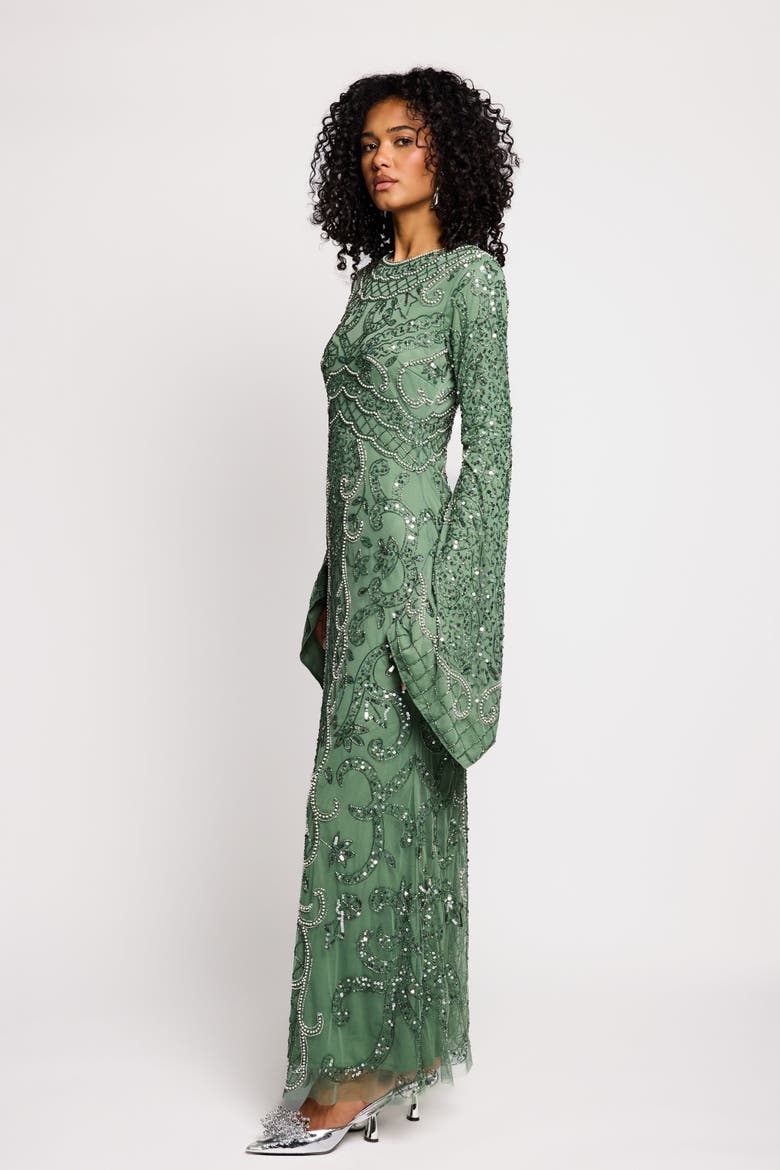 Modest Embellished Sequins Flutter Sleeves Gown, Alternate, color, DARK GREEN
