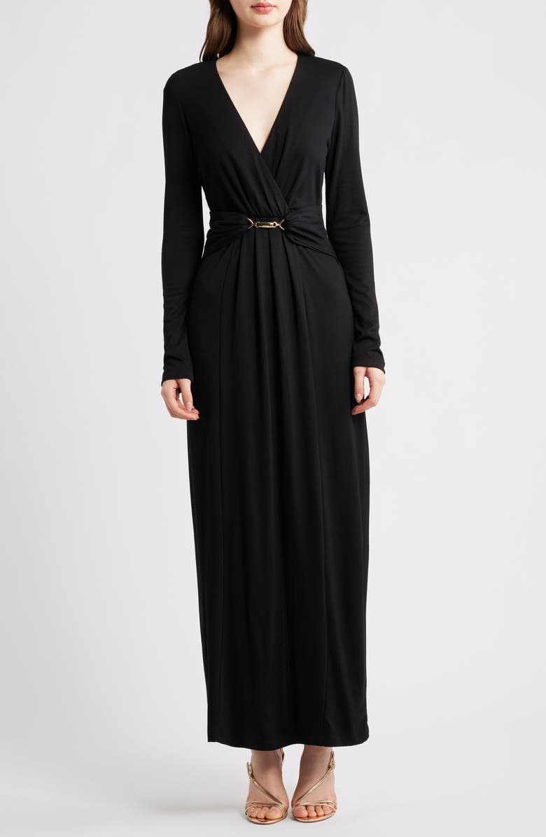 Halogen<sup>®</sup> Wrap Front Long Sleeve Maxi Dress, Main, color, Rich Black