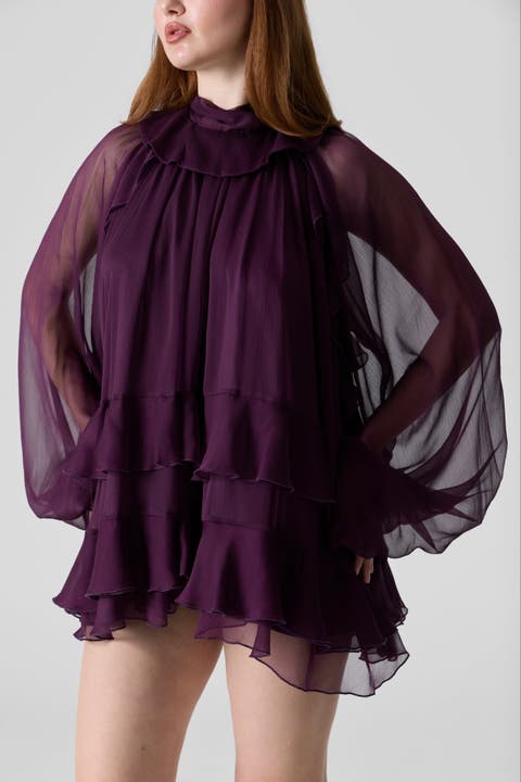 Tiered Ruffle Silk Chiffons Tunic Mini Dress