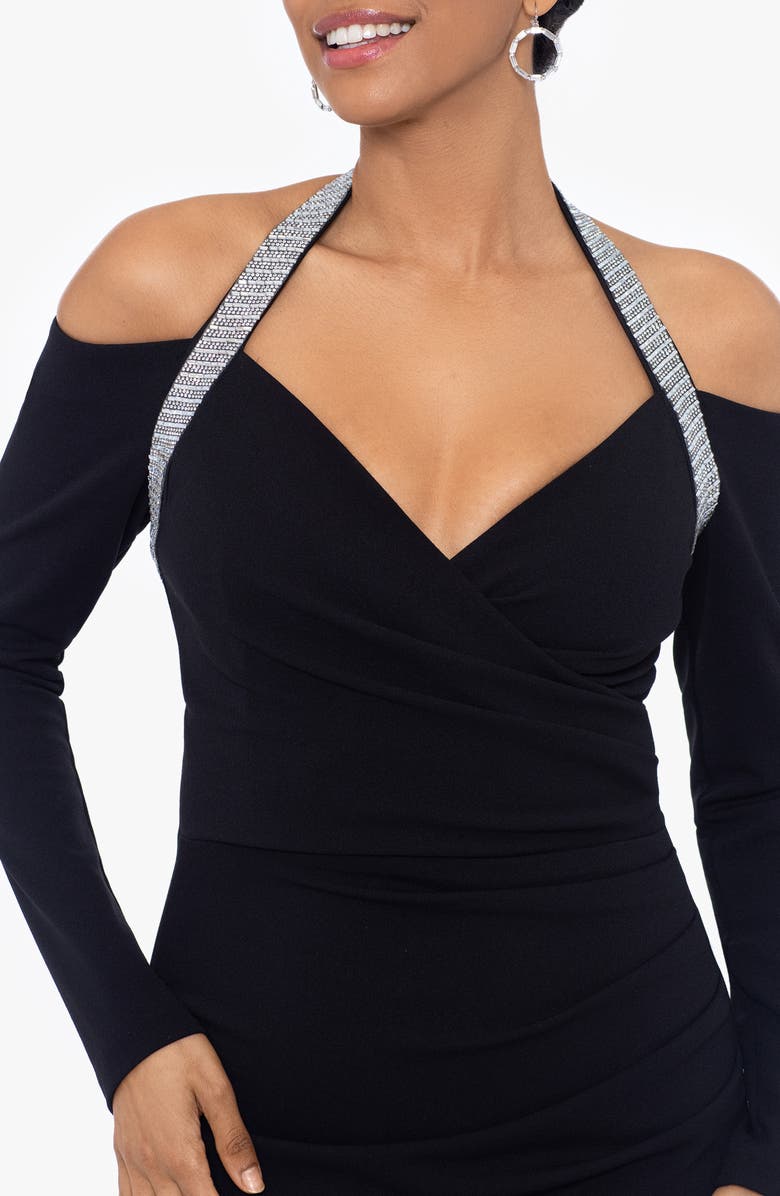 Betsy & Adam Rhinestone Halter Neck Long Sleeve Gown, Alternate, color,