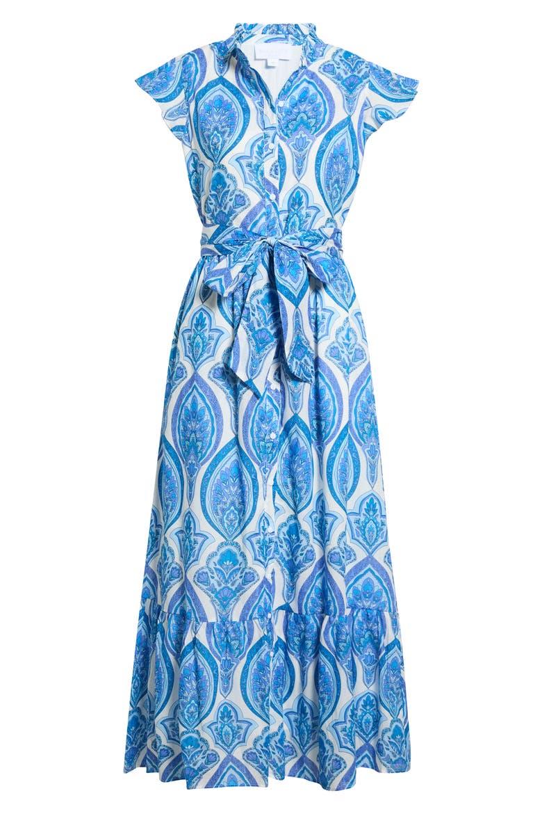Riah Print Belted Cotton Button-Up Maxi Dress, Alternate, color, WHITE-BLUES-COMBO