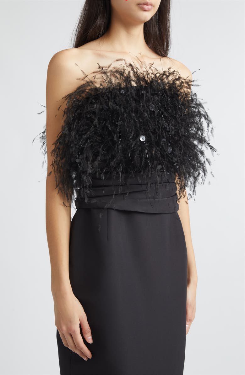 Oscar de la Renta Feather Embroidered Point d'Esprit Strapless Silk Faille Gown, Alternate, color, Black