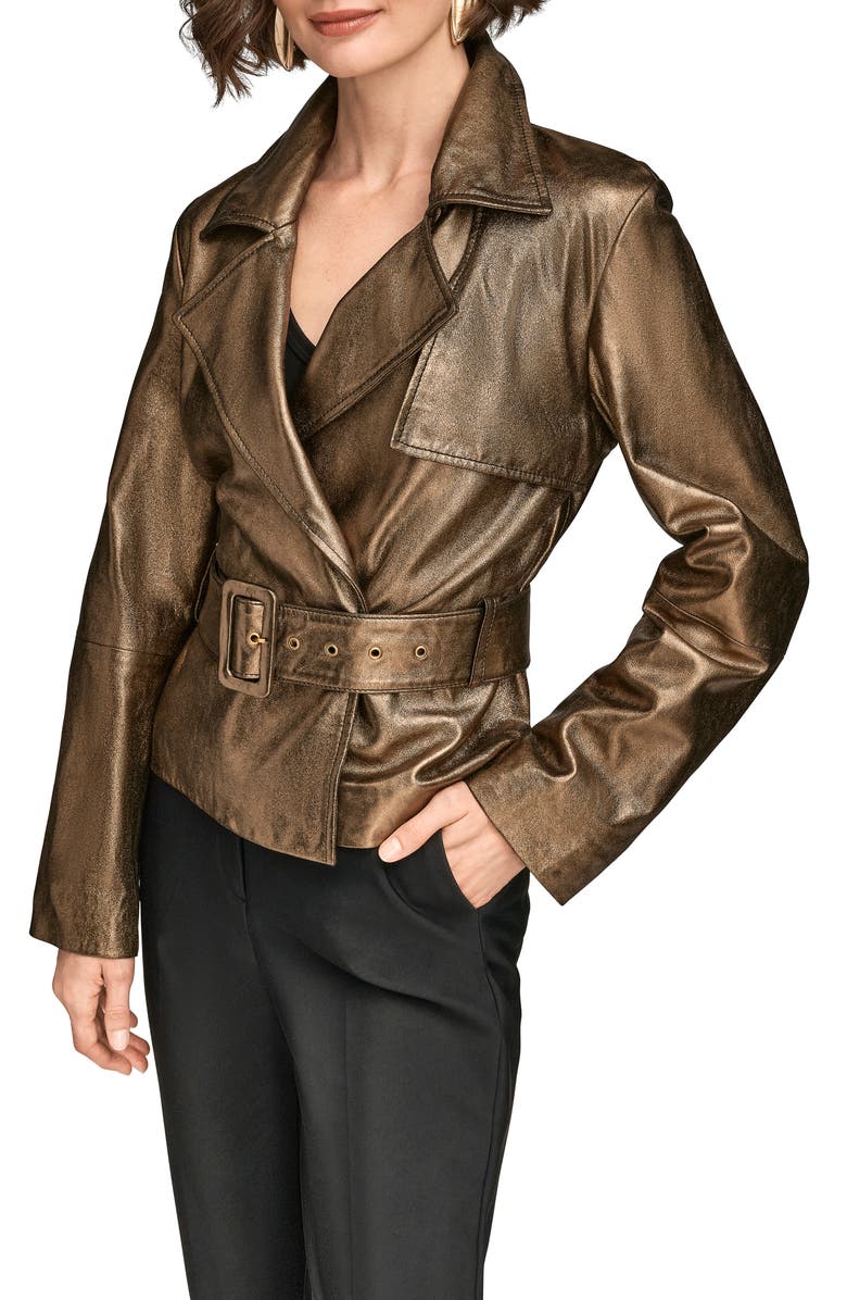 Donna Karan New York Metallic Leather Belted Jacket, Alternate, color, Dark Copper