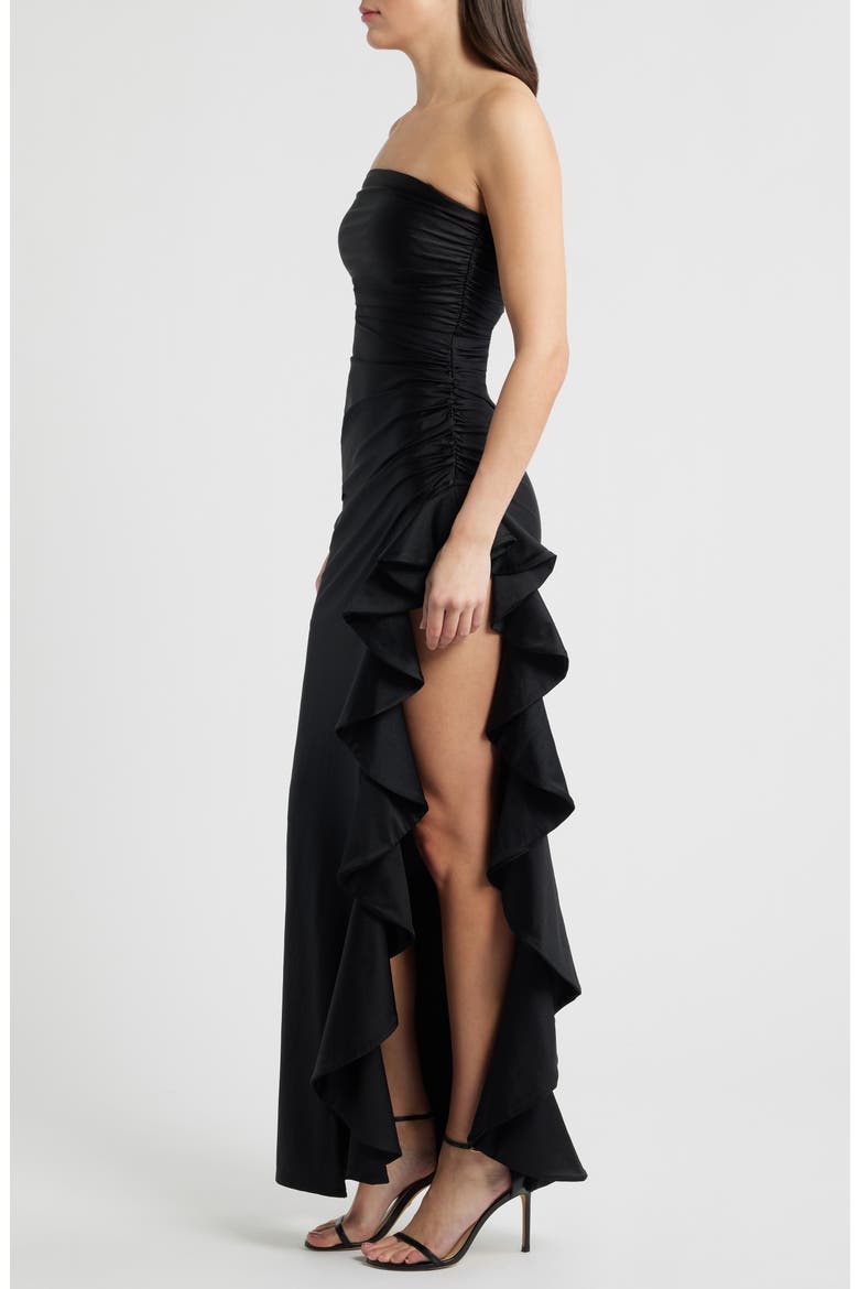Shirred Ruffle Strapless Gown, Alternate, color, BLACK