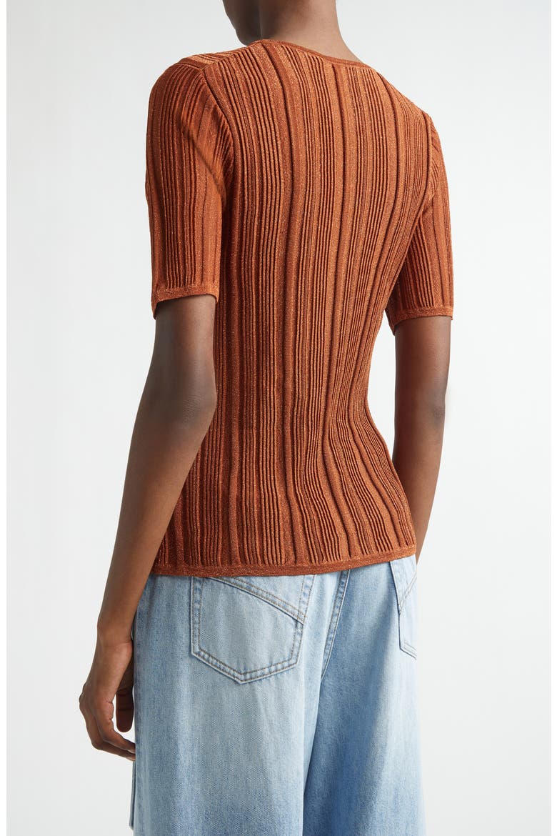 Indra Short Sleeve Shimmer Rib Sweater, Alternate, color, METALLIC TAN