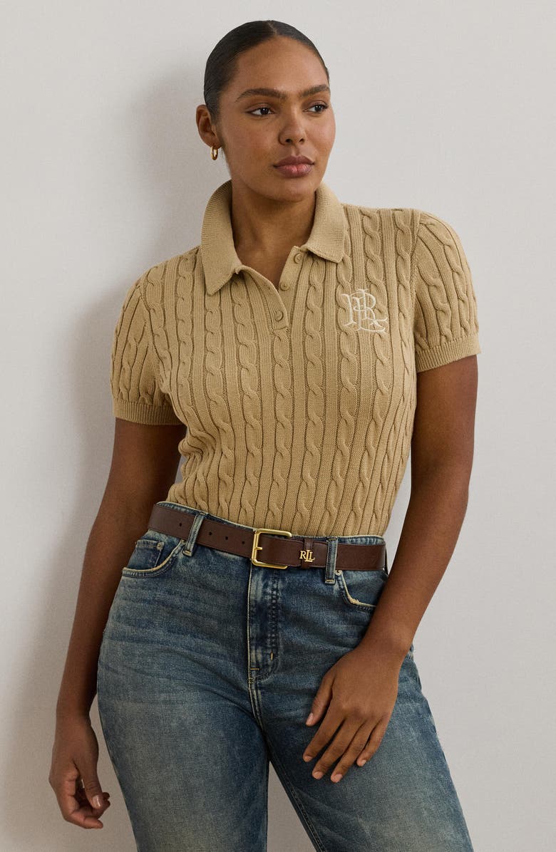 Lauren Ralph Lauren Short Sleeve Cable Knit Cotton Polo Sweater, Alternate, color,
