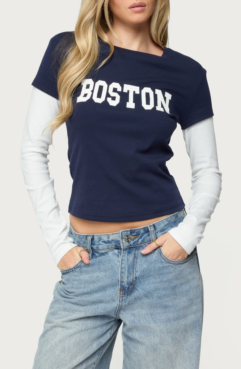 EDIKTED Boston Layered Long Sleeve T-Shirt, Main, color, Navy-And-Cream
