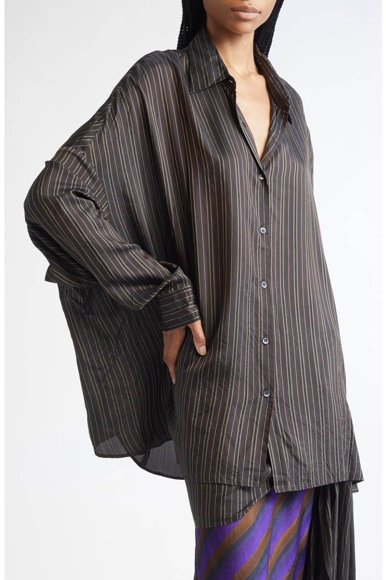 Casia Stripe Oversize Cupro Cocoon Shirt, Alternate, color, BROWN