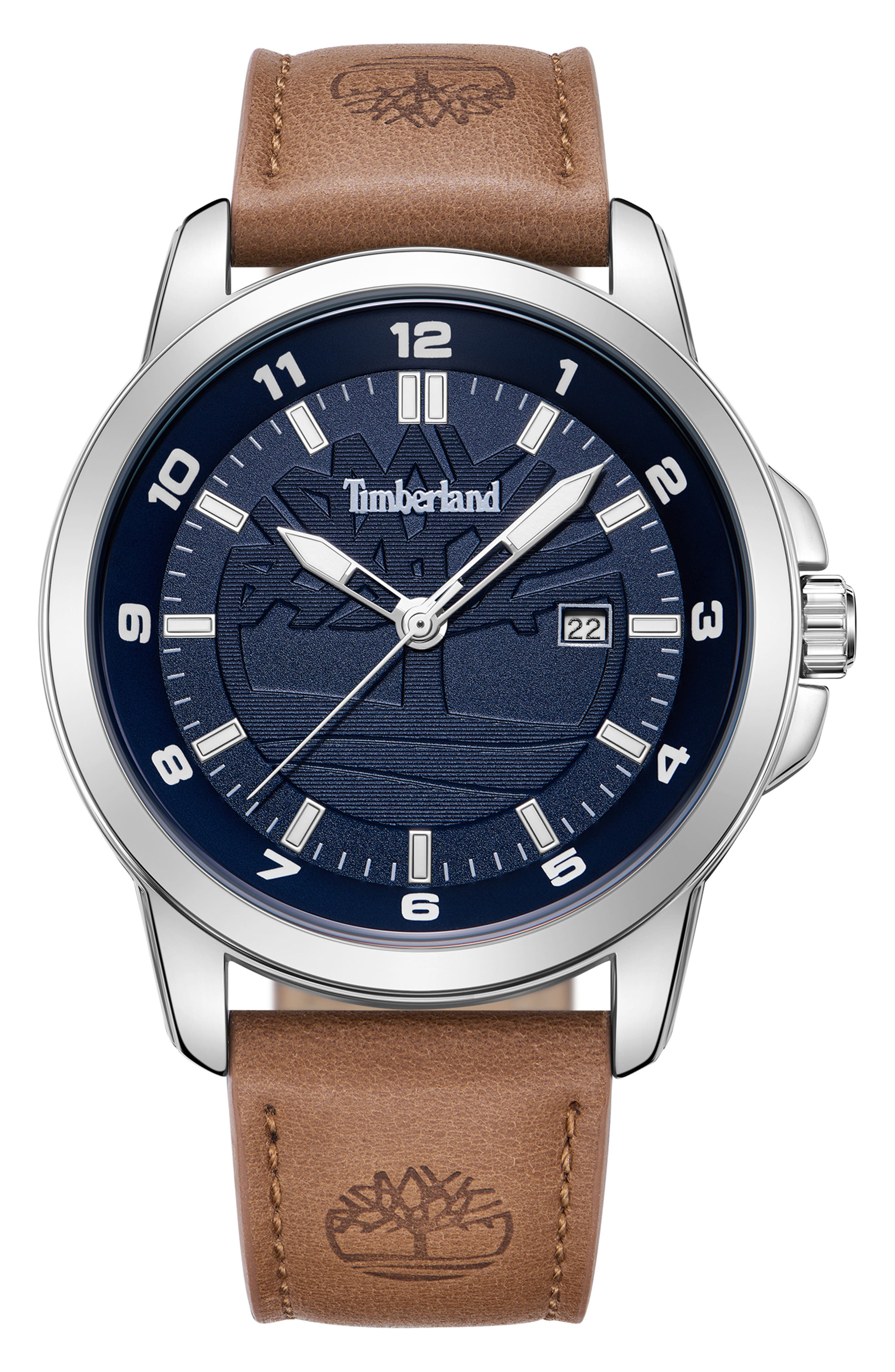 Classic Three Hand Quartz Leather Strap Watch, 44mm