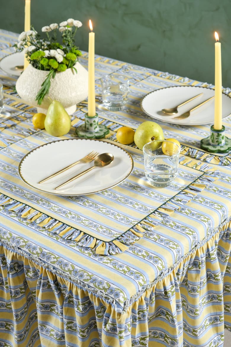 Provence Ruffled Blockprint Tablecloth in Butter Yellow, Alternate, color, Butter Yellow - 60x90