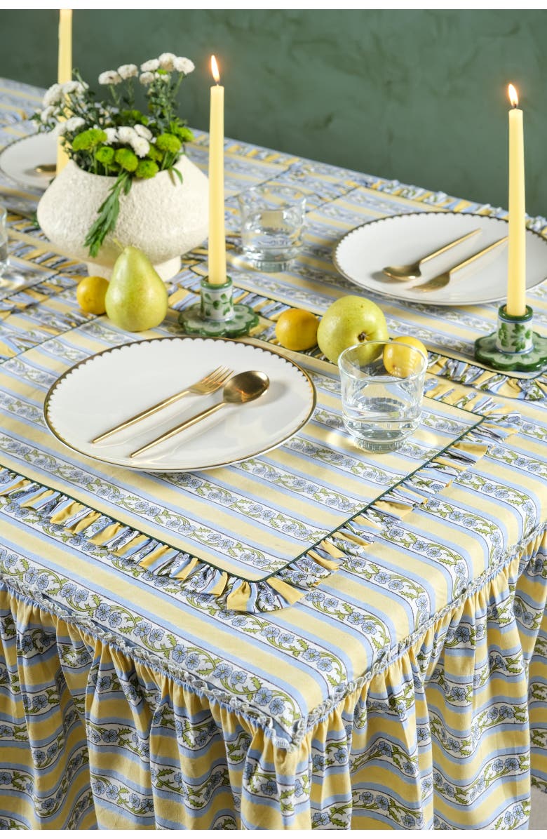 Inner Child Provence Ruffled Blockprint Tablecloth in Butter Yellow, Alternate, color, Butter Yellow - 60X90