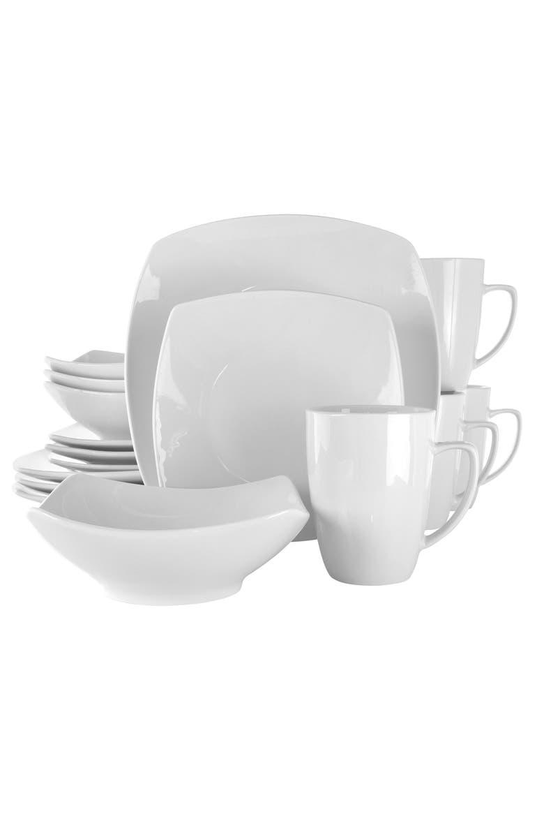 Elama Hayes 16 Piece Square Porcelain Dinnerware Set, Main, color, White