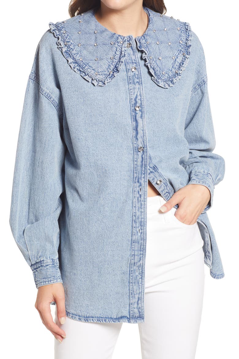 River Islan Rhinestone Collar Chambray Shirt, Main, color, DENIM