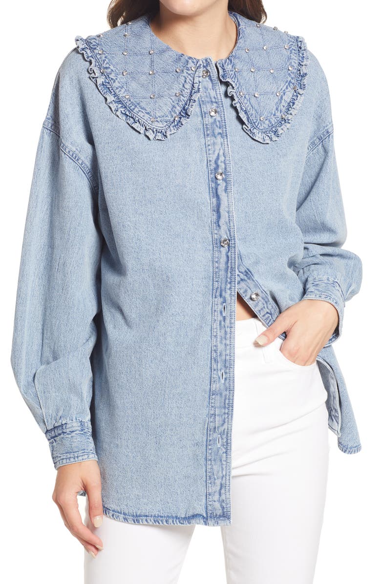River Island River Islan Rhinestone Collar Chambray Shirt, Main, color, 