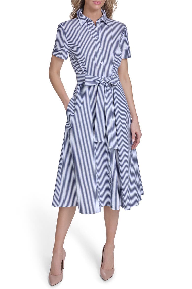 Stripe Short Sleeve Cotton Shirtdress, Main, color, BRIGHT WHITE/ MARINA BLUE