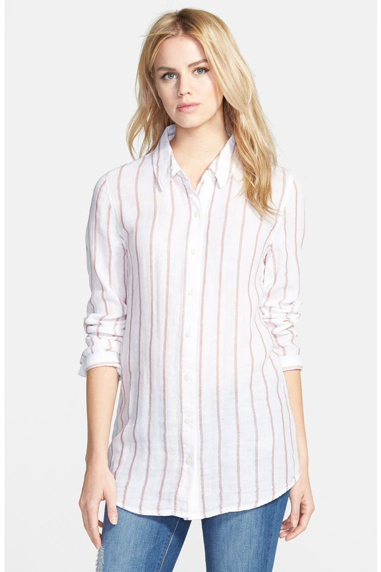 Treasure&Bond Long & Lean Boyfriend Shirt, Main, color, CORAL SPICE TICKING STRIPE