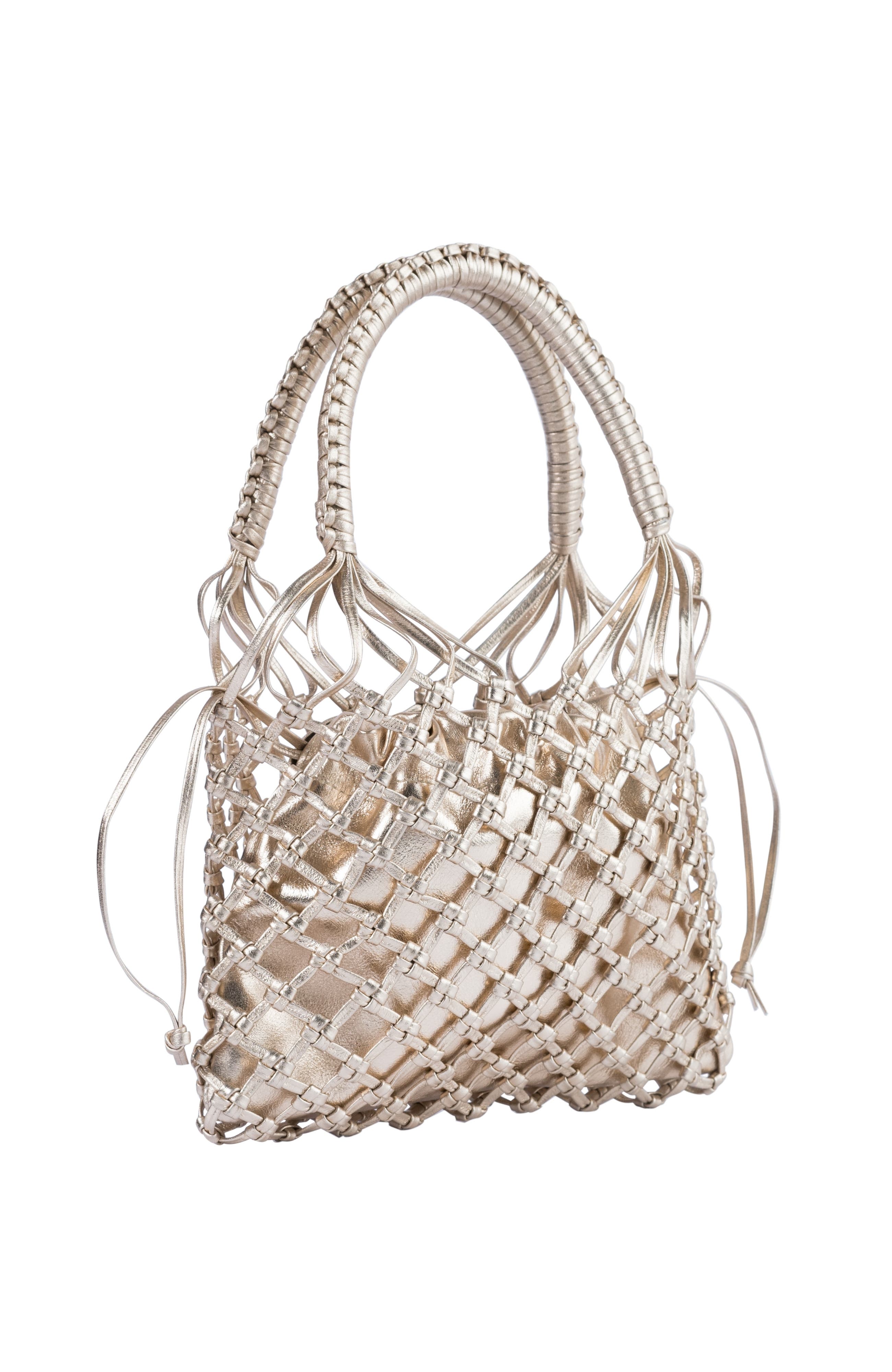 La Red Mini Mesh Bag In Leather, Alternate, color, Gold