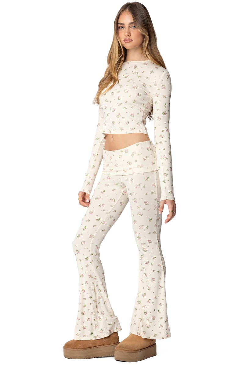 EDIKTED Bloom Baby Floral Foldover Waist Rib Pants, Alternate, color, Cream