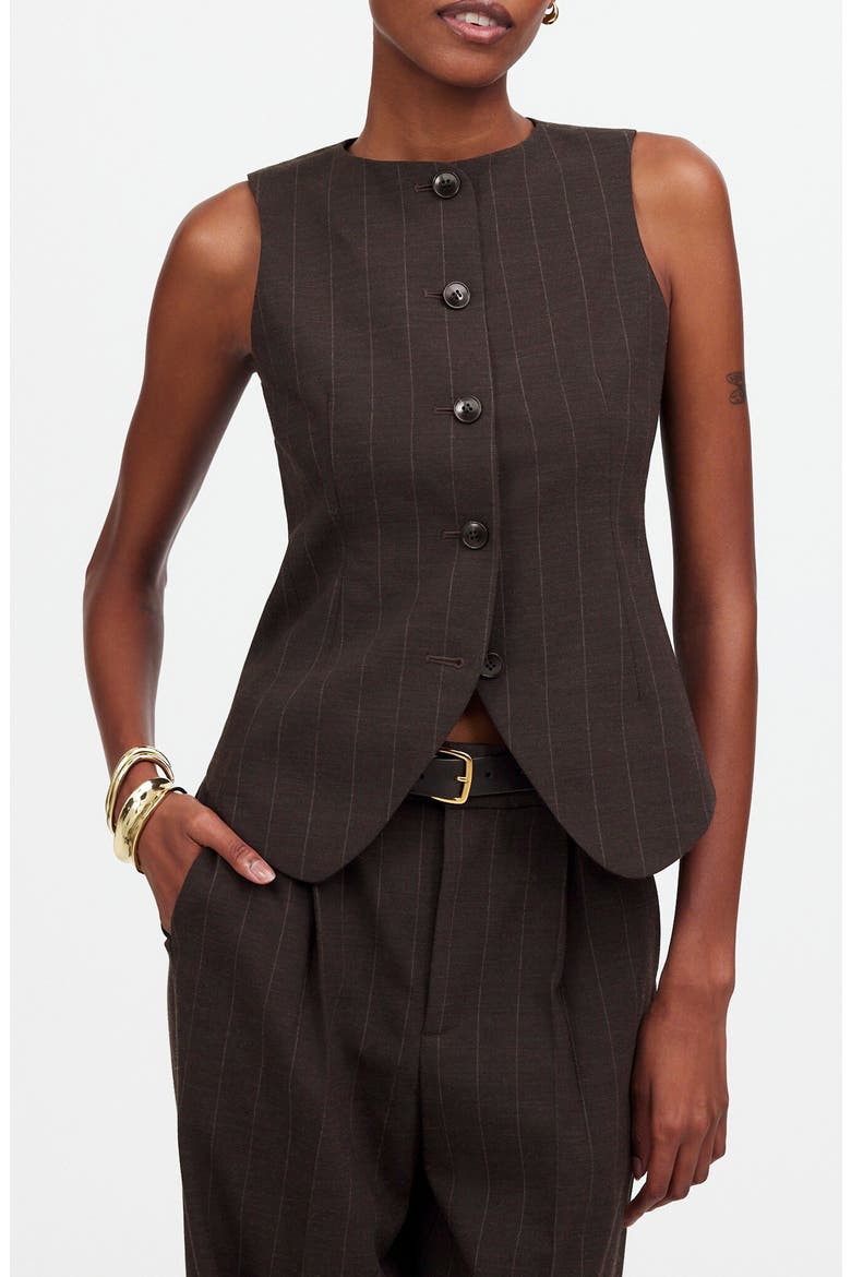 Pinsttripe Scoop Neck Single Breasted Vest, Main, color, CHOCOLATE WIDE PINSTRIPE