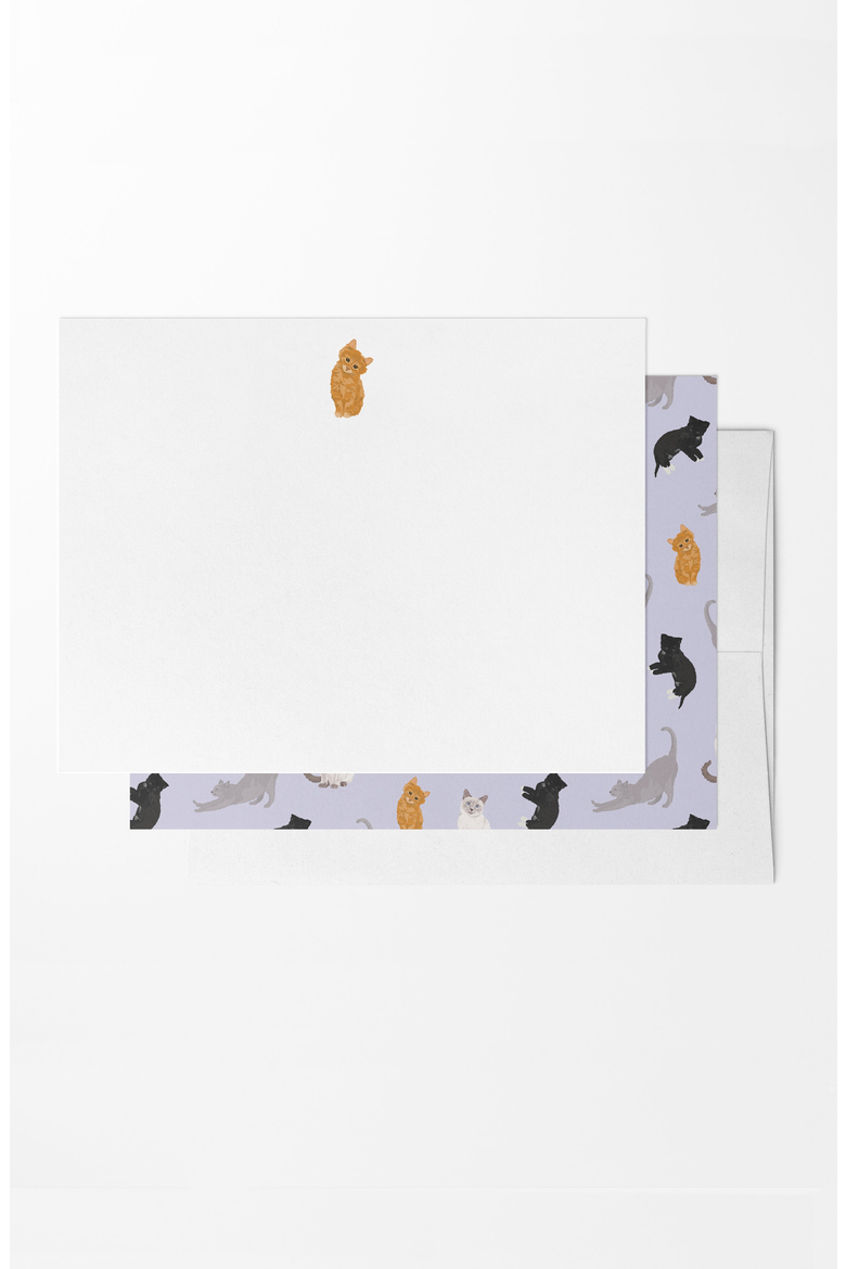 8 Boxed Cat Lover Notecards Stationery, Main, color, Purple / Orange / Black / Gray