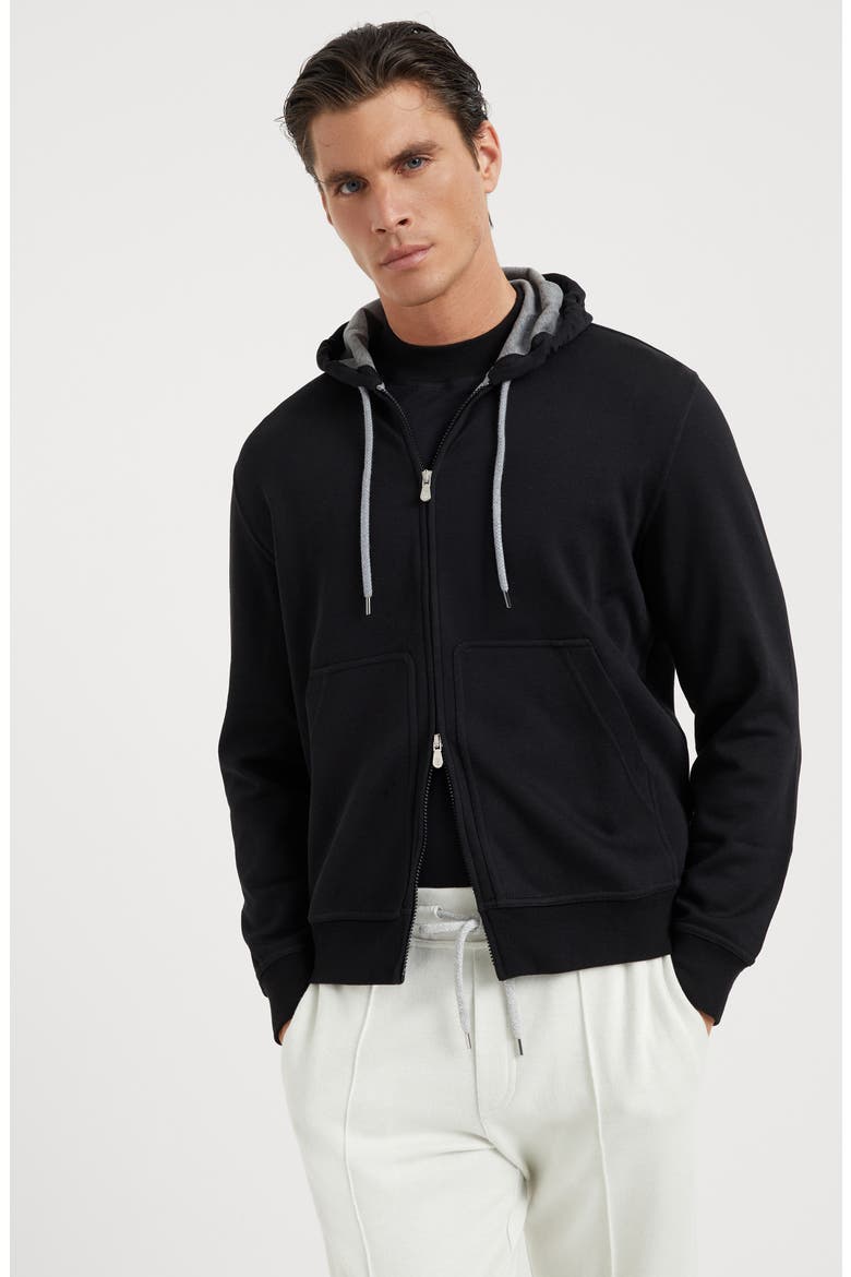 Cotton, cashmere and silk French terry double cloth hooded sweatshirt with zipper, Alternate, color, Black
