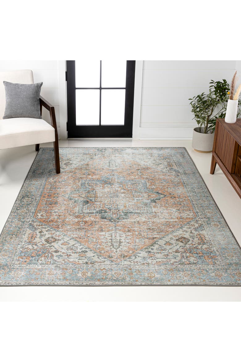 Armae Distressed Medallion Chenille Machine-Washable Area Rug, Alternate, color, Terra/Blue